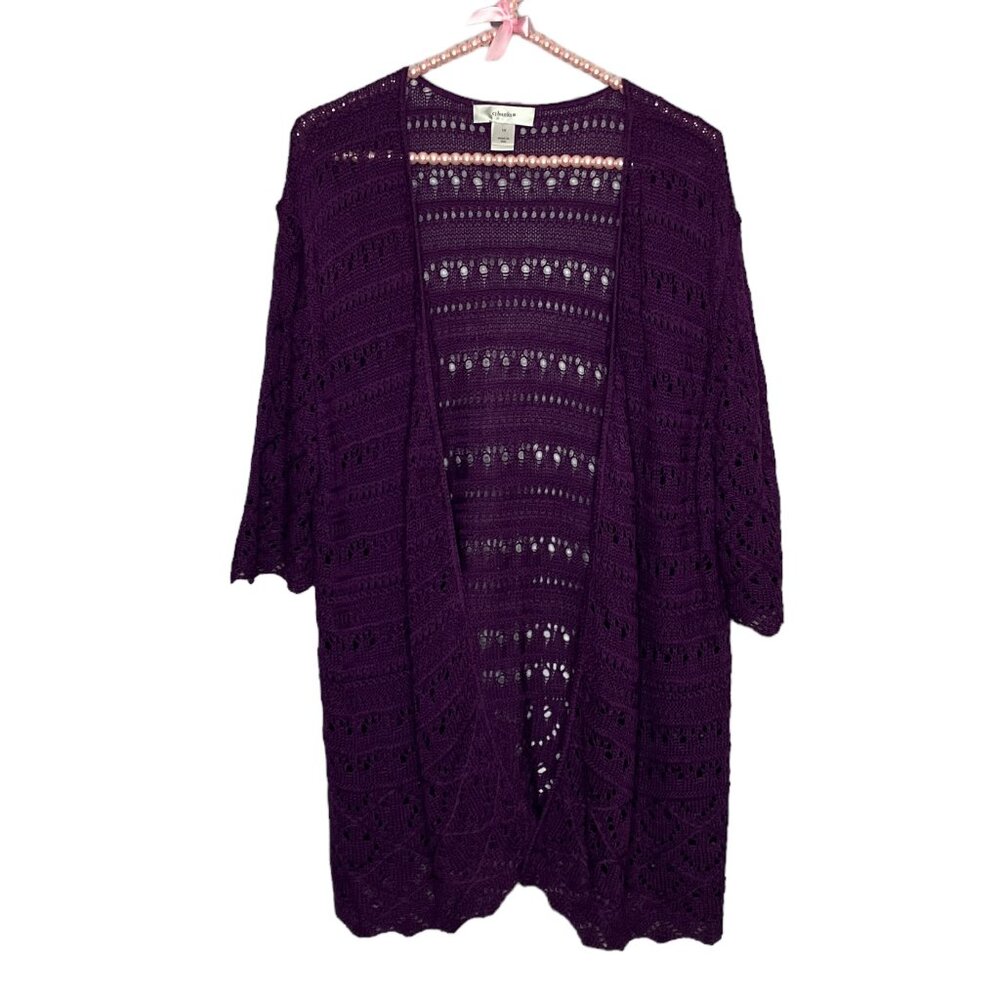 CJ Banks 1X Purple Lightweight Knit Open Front Cardigan Sweater Made In USA Plus